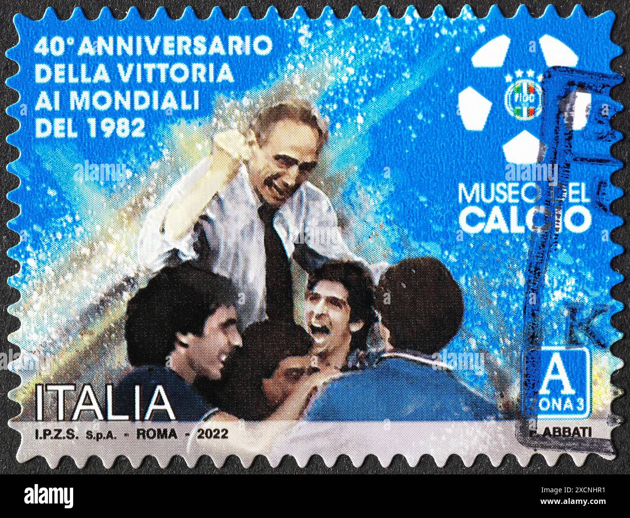 Italienisches Fußballteam feiert den Sieg bei der Weltmeisterschaft 82 auf Briefmarken Stockfoto