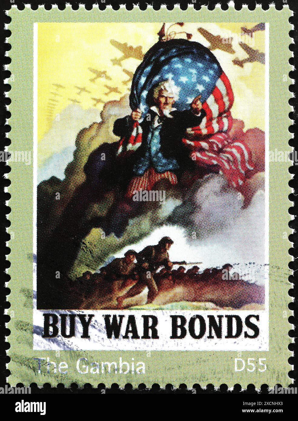 Altes amerikanisches Plakat, das Anleihen zur Finanzierung des Zweiten Weltkriegs auf Briefmarken fördert Stockfoto