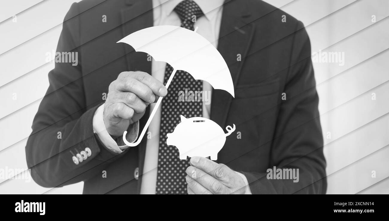 Konzept des Geldschutzes bei einem Finanzberater, der einen Schirm über einem schweinigen geometrischen Muster hält Stockfoto