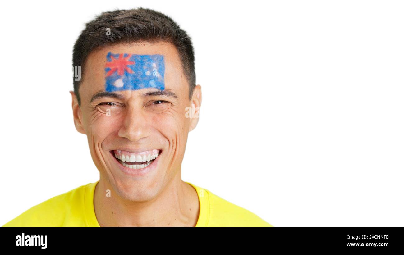 Mann mit einer australischen Flagge auf dem Gesicht, die lächelnd ist Stockfoto