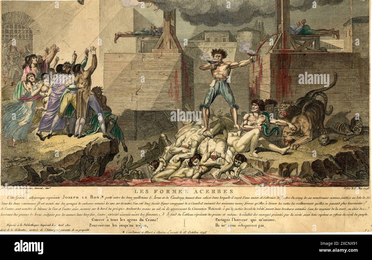 Französische Revolution, Reign of Terror: Joseph Le Bon steht auf einem Haufen enthaupteter Leichen zwischen zwei Guillotinen und trinkt Blut aus einem Kelch, während er den anderen mit dem Blut des frisch enthaupteten Opfers füllt. 1795. Stockfoto