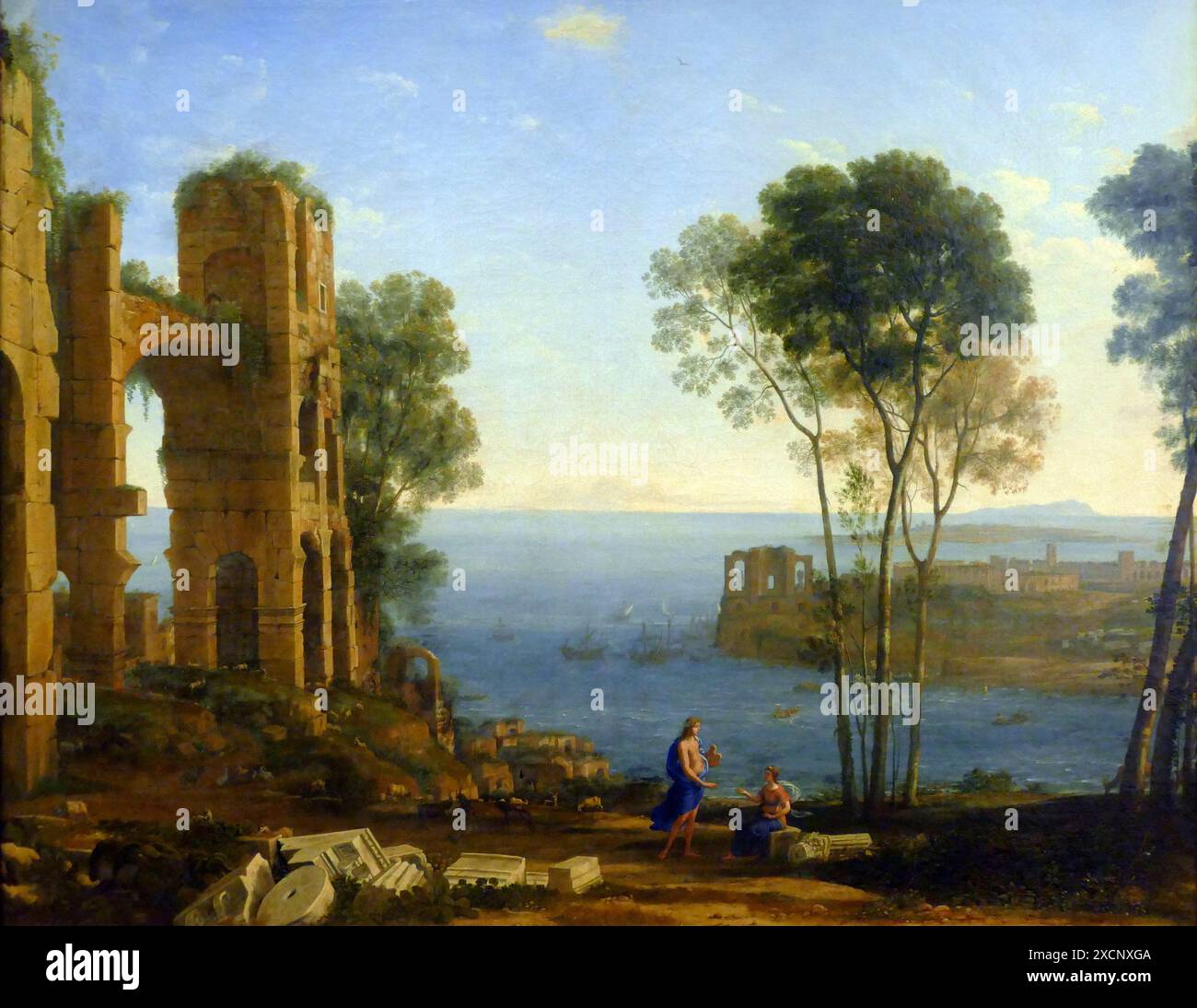 Gemälde mit dem Titel "Coast View mit Apollo und der Cumaean Sibyl' von Claude Lorrain. Claude Lorrain (1600-1682), französischer Maler, Zeichner und Kupferstecher. Vom 17. Jahrhundert Stockfoto