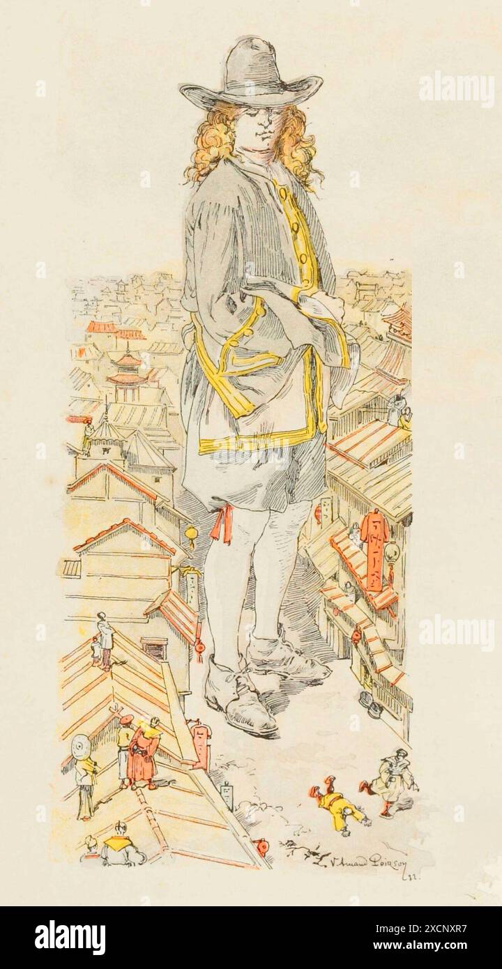 Eine Reise nach Lilliput: Gulliver erreicht Mildendo, die Hauptstadt von Lilliput. Illustration von Jonathan Swifts Gullivers Reisen. Französische Ausgabe von B.-H. Gausseron erschien 1884 bei A. Quantin éditeur. Stockfoto