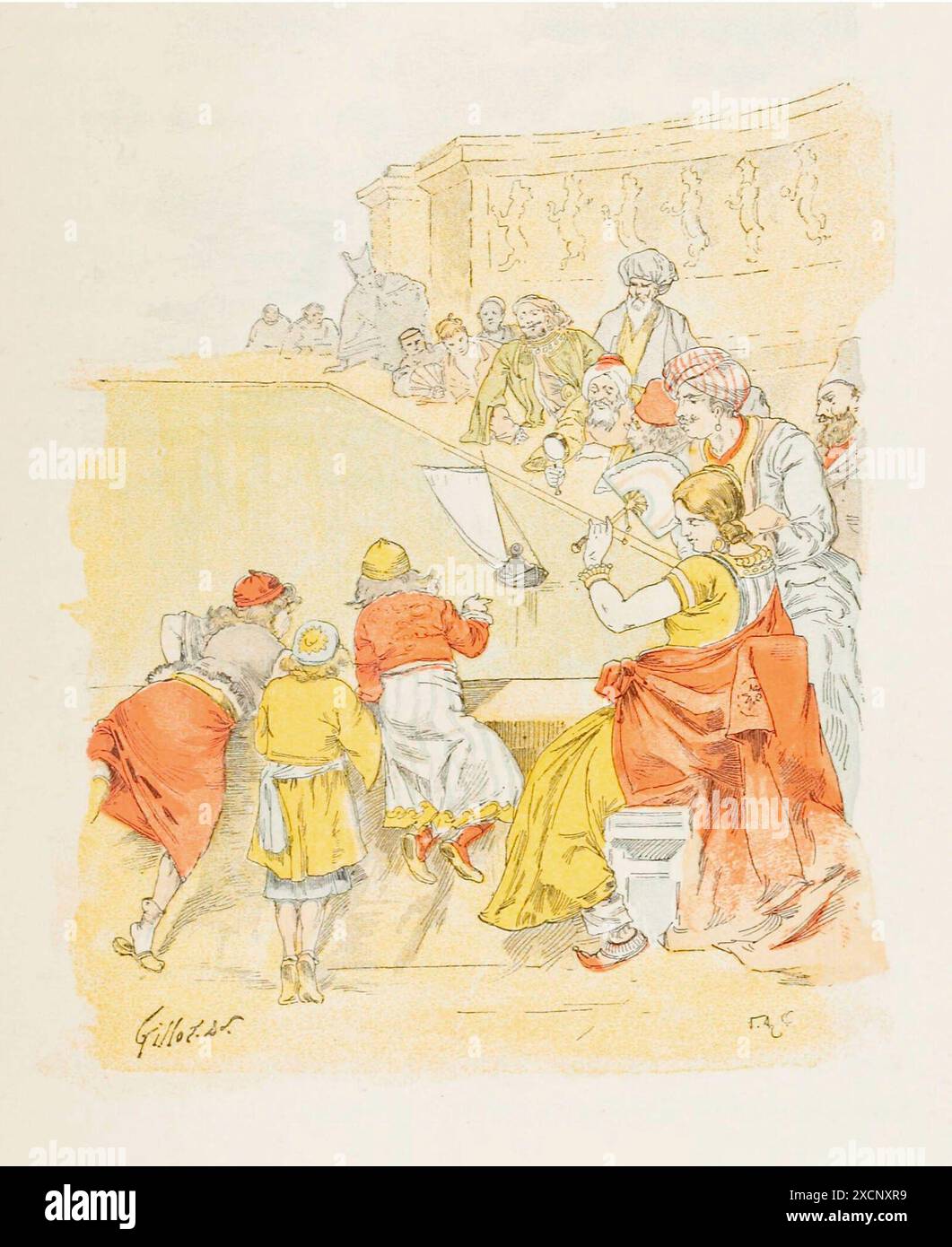 Eine Reise nach Brobdingnag. Gulliver zeigt seiner Schwester Glumdalclitch die Navigation. Illustration von Jonathan Swifts Gullivers Reisen. Französische Ausgabe von B.-H. Gausseron erschien 1884 bei A. Quantin éditeur. Stockfoto