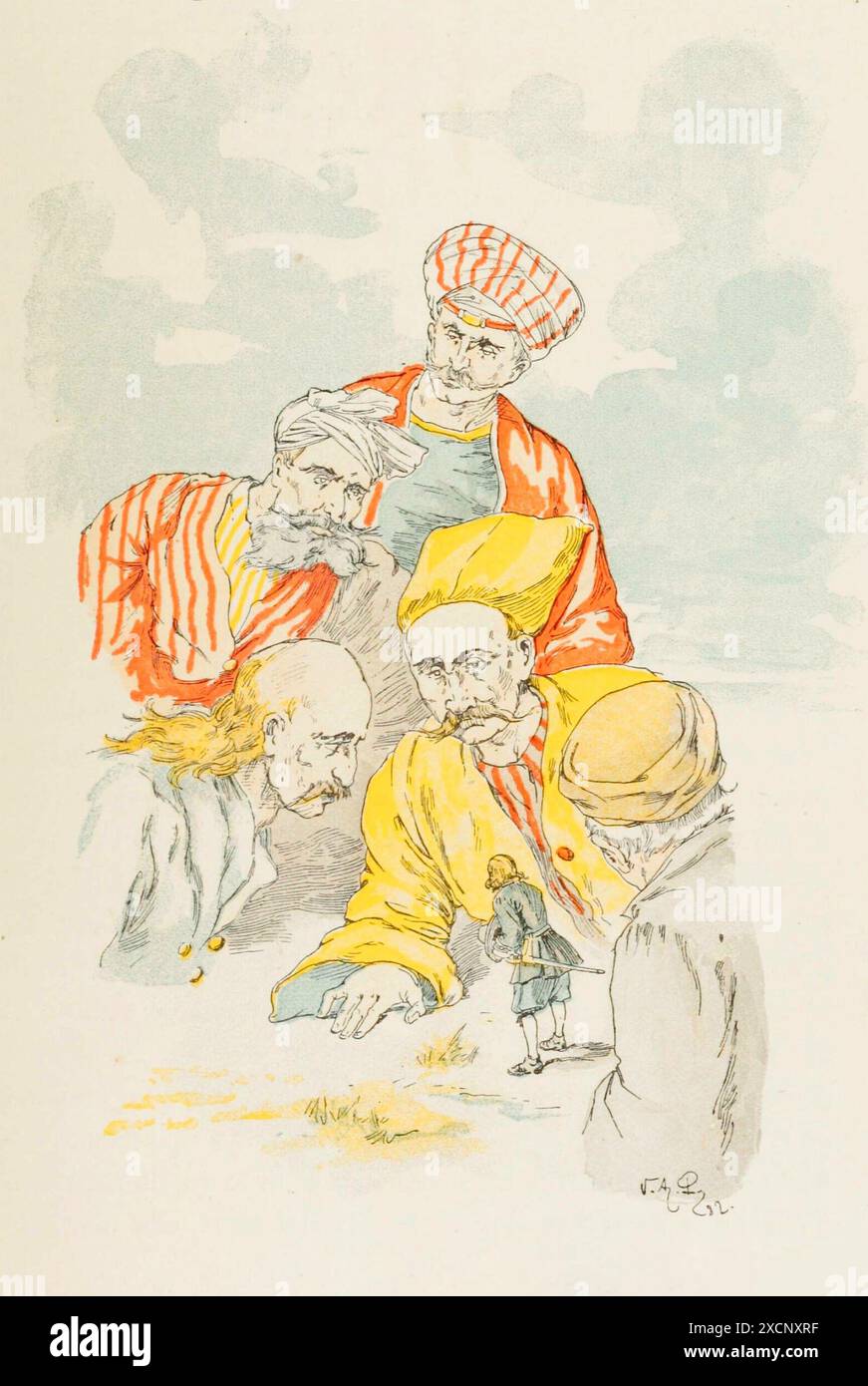 Eine Reise nach Brobdingnag. Gulliver entdeckt die riesigen Bewohner der Insel und bietet ihnen Geld im Austausch für ihre Gnade an. Illustration von Jonathan Swifts Gullivers Reisen. Französische Ausgabe von B.-H. Gausseron erschien 1884 bei A. Quantin éditeur. Stockfoto