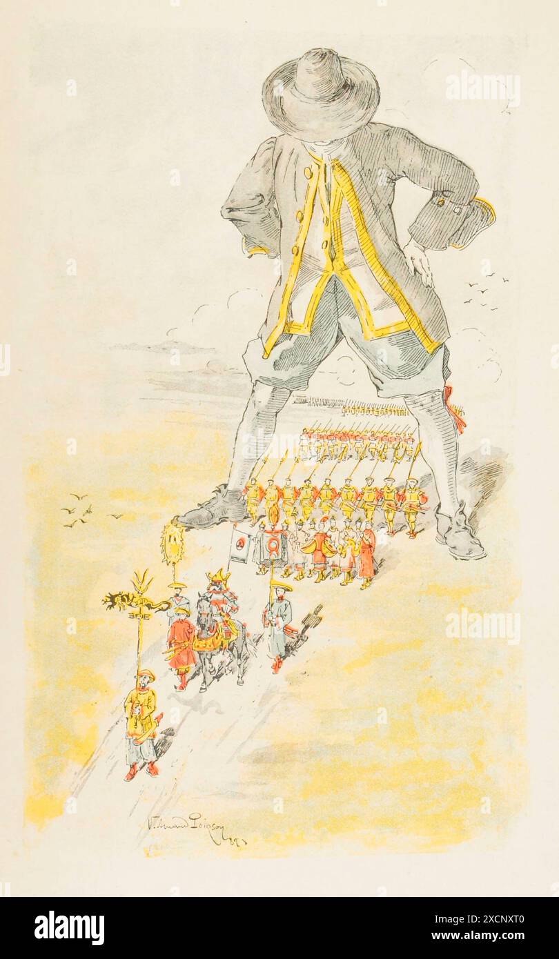 A Voyage to Lilliput: Militärische Überprüfung der Lilliputen-Armee: Die Lilliputen-Soldaten gehen zwischen Gullivers Beinen. Illustration von Jonathan Swifts Gullivers Reisen. Französische Ausgabe von B.-H. Gausseron erschien 1884 bei A. Quantin éditeur. Stockfoto