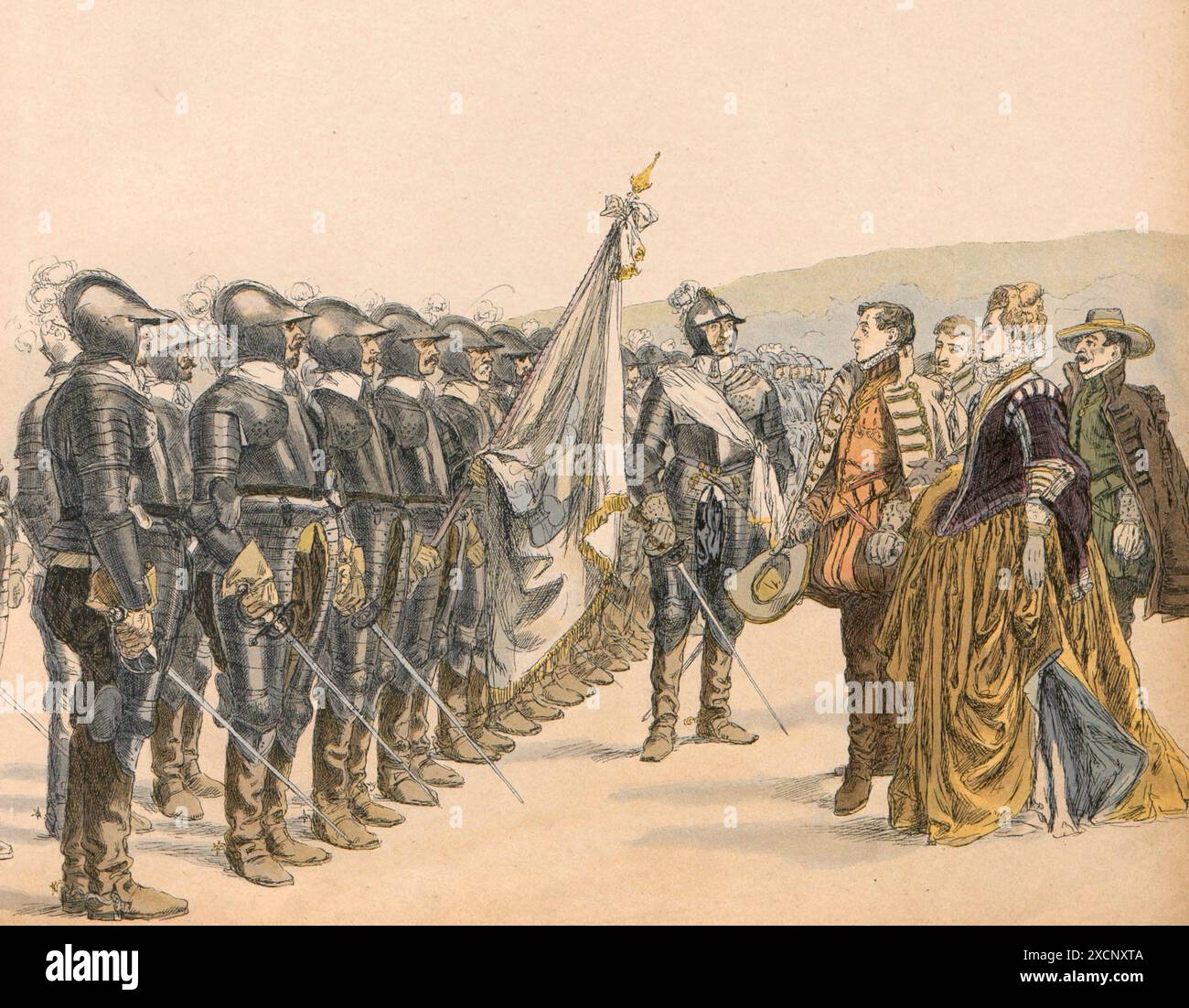 Französischer Dritter Religionskrieg: Heinrich von Navarra, der spätere Heinrich IV. Von Frankreich, setzt seine Militärlehre fort und macht die Truppen, die ihn als ihren Führer anerkennen, auf den Kopf. Illustration von Hermann Vogel in Henri IV., geschrieben von Georges Montorgueil und veröffentlicht 1907 von Boivin. Stockfoto