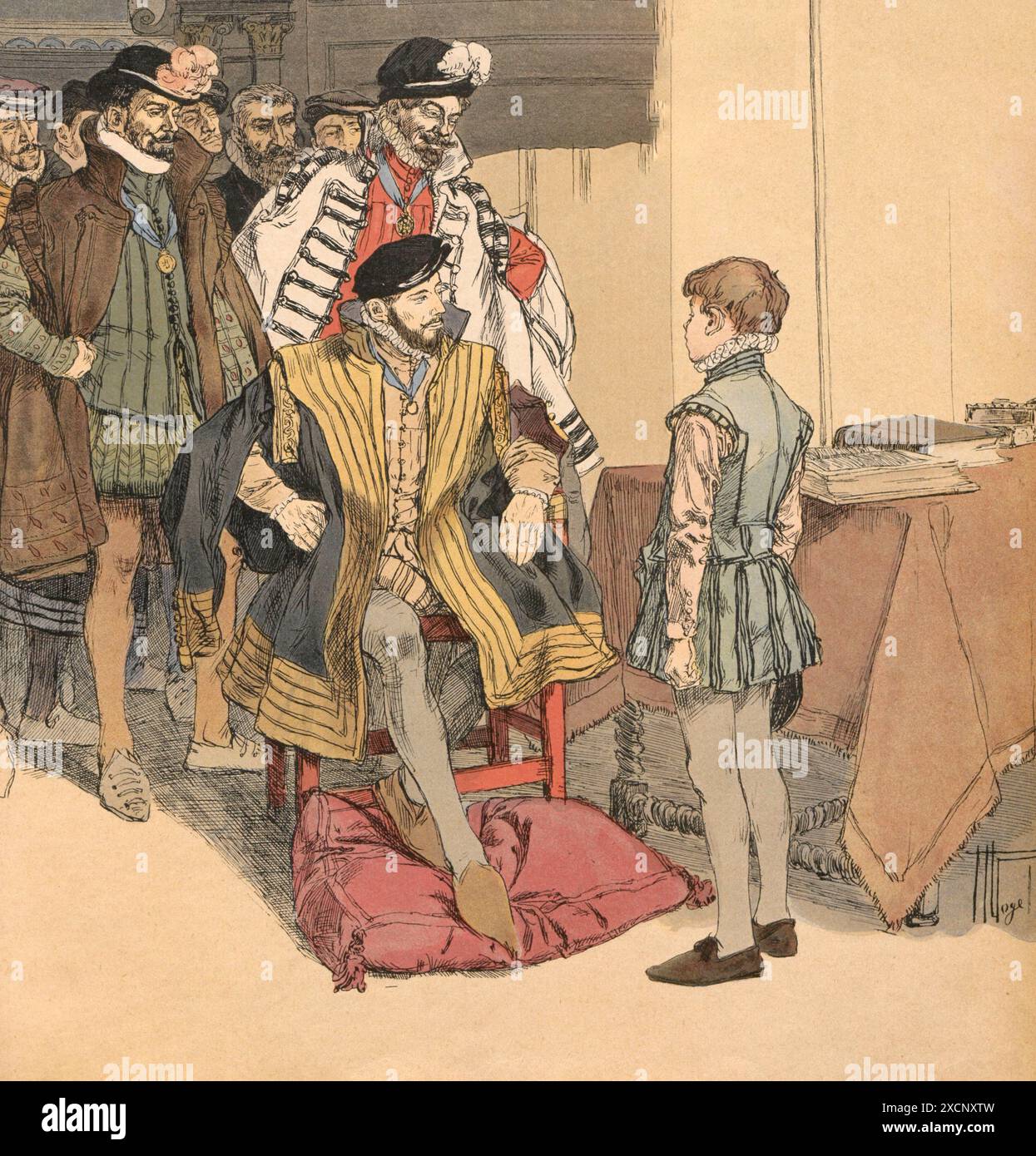 Der junge Heinrich IV. Unterhielt den Hof König Heinrichs II. Mit seinem scharfen Witz. Illustration von Hermann Vogel in Henri IV., geschrieben von Georges Montorgueil und veröffentlicht 1907 von Boivin. Stockfoto