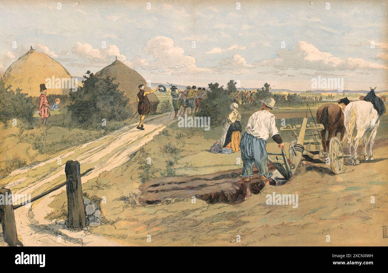 Nach den Jahren der französischen Religionskriege und der Zunahme der Plünderer, die von den Bauern lebten, befahl König Heinrich IV. Von Frankreich (auf Anraten des Herzogs von Sully) seinen regulären Truppen, sie zu vertreiben und die Ordnung wiederherzustellen. 1598 Illustration von Hermann Vogel veröffentlicht in Henri IV., geschrieben von Georges Montorgueil und veröffentlicht von Boivin 1907. Stockfoto