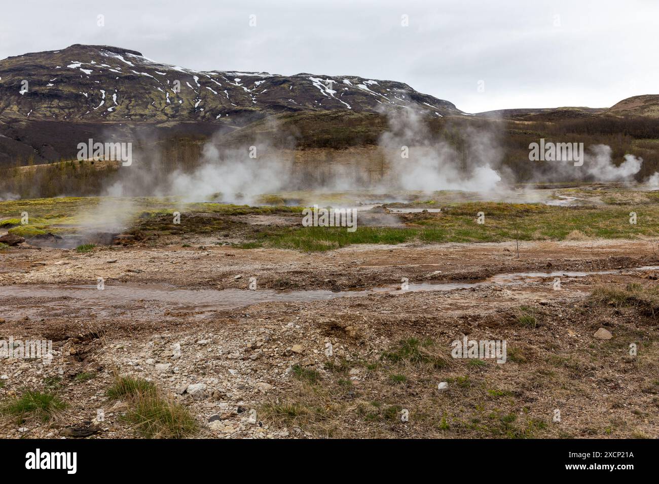 Geysir Geothermiegebiet im Haukadular-Tal, Island, mit dampfenden heißen Quellen, heißen Wasserbächen und Bergen im Hintergrund, keine Menschen. Stockfoto