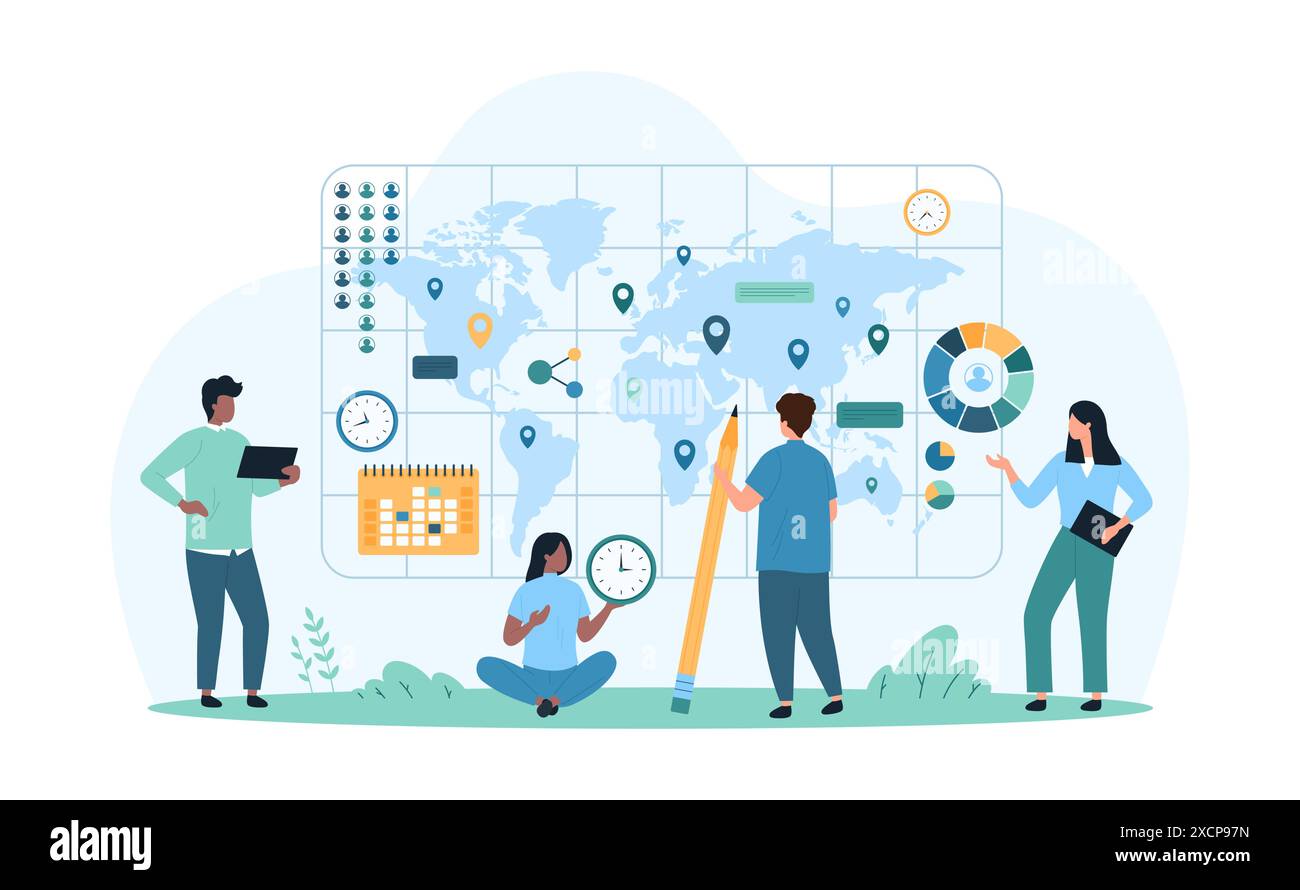 Soziologie und Demographie, Bevölkerungsdatenanalyse. Winzige Menschen mit Bleistiftforschung globale Lage sozialer Gruppen auf Weltkarte, Soziologen analysieren Statistiken Diagramme Cartoon Vektor Illustration Stock Vektor