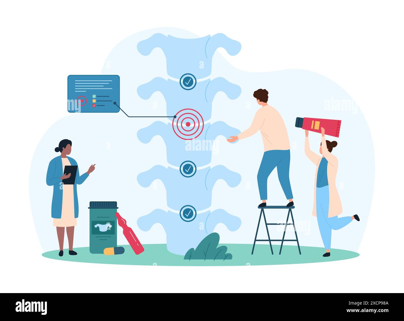 Diagnostik und Therapie von Wirbelsäulenerkrankungen, Osteoarthritis. Winzige Leute überprüfen Entzündungen von Bandscheiben und Knorpel auf der medizinischen Anatomie Darstellung der Wirbelsäule Cartoon Vektor Illustration Stock Vektor