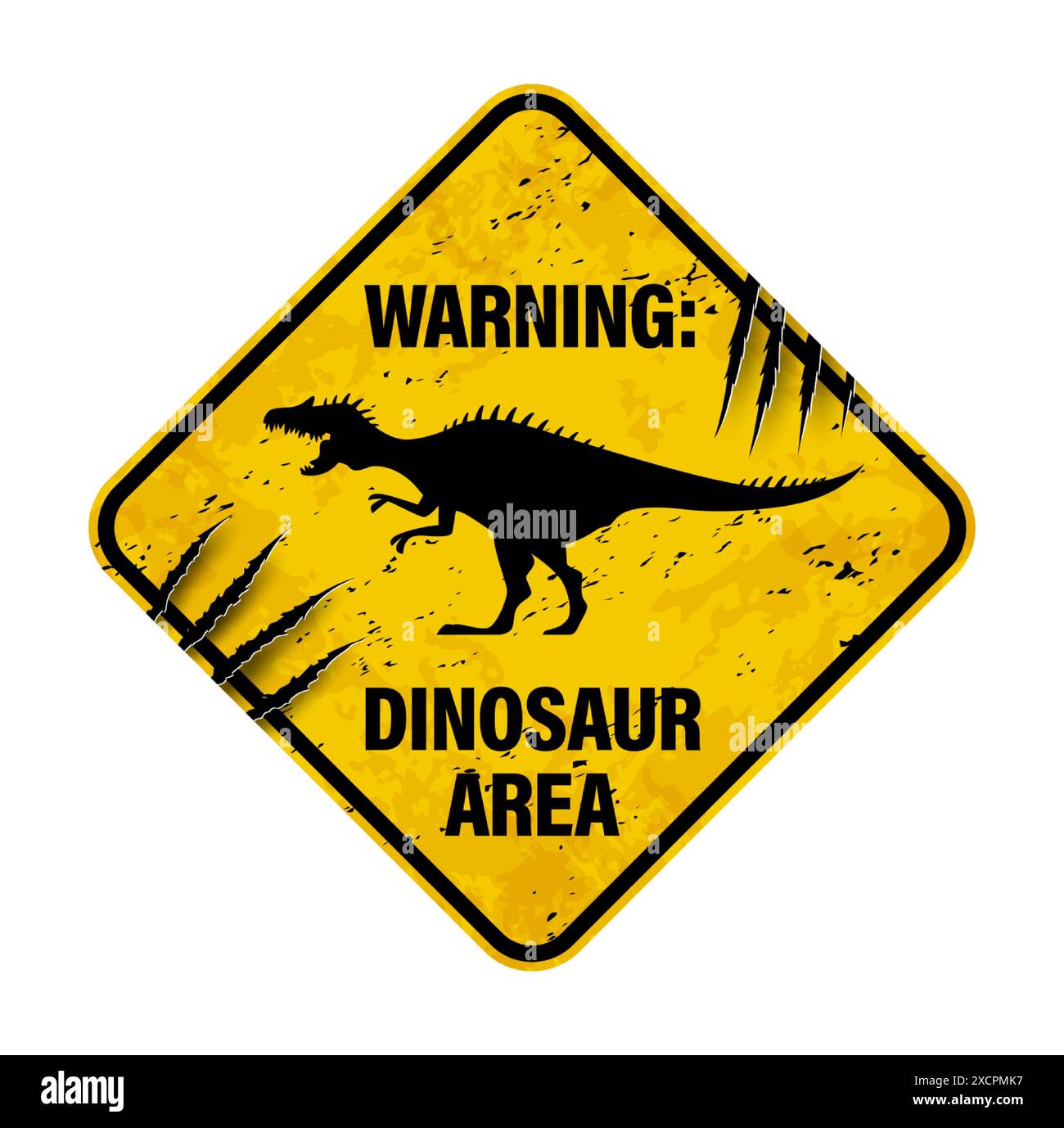 Dinosaurier-Warnschild mit Krallenkratzer. Vektor grungy gelb und schwarz rautenförmige Banner mit brüllender Spinosaurus Silhouette. Verstörte Warnmeldung, Alarmschild für Dino Park Stock Vektor