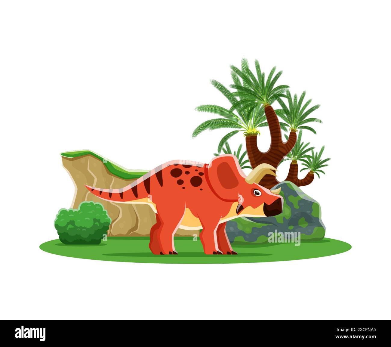 Prähistorischer Cartoon arrhinoceratops Dinosaurier. Isolierter Vektor triceratops-ähnlicher Dino mit roter Haut und Hörnern, steht in üppiger prähistorischer Landschaft mit Palmen, Felsen, bedeckt mit Moos und Büschen Stock Vektor