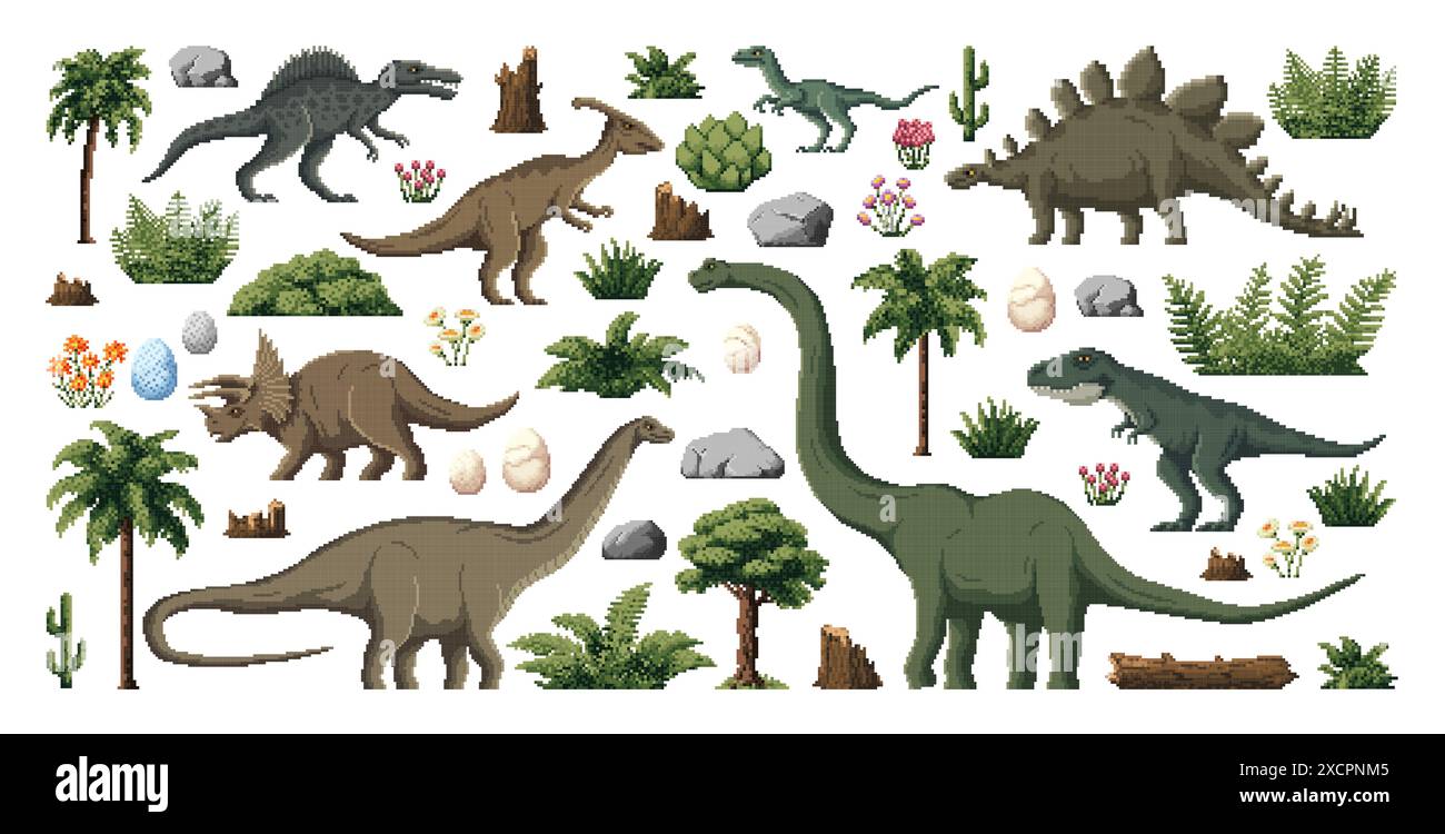 8-Bit-Kunst-prähistorische Dinosaurier, Spielmaterial. Vektor pixeliger Satz von alten Leben und Umwelt Blumenartikel im Retro-Stil. Dino-Gewürze, Eier, Felsen, Bäume und Büsche für ein Gaming-Erlebnis Stock Vektor