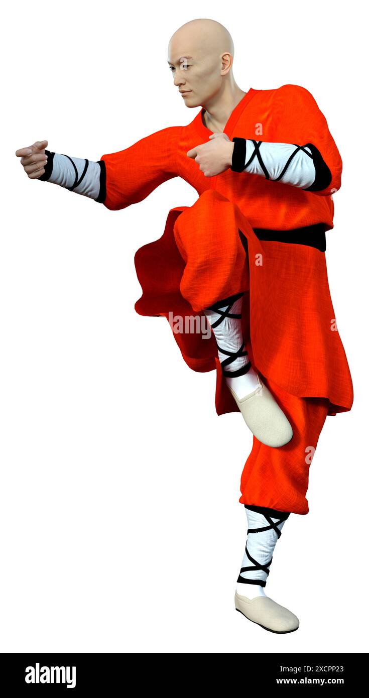 3D-Rendering eines Shaolin Mönch isoliert Trainieren auf weißem Hintergrund Stockfoto