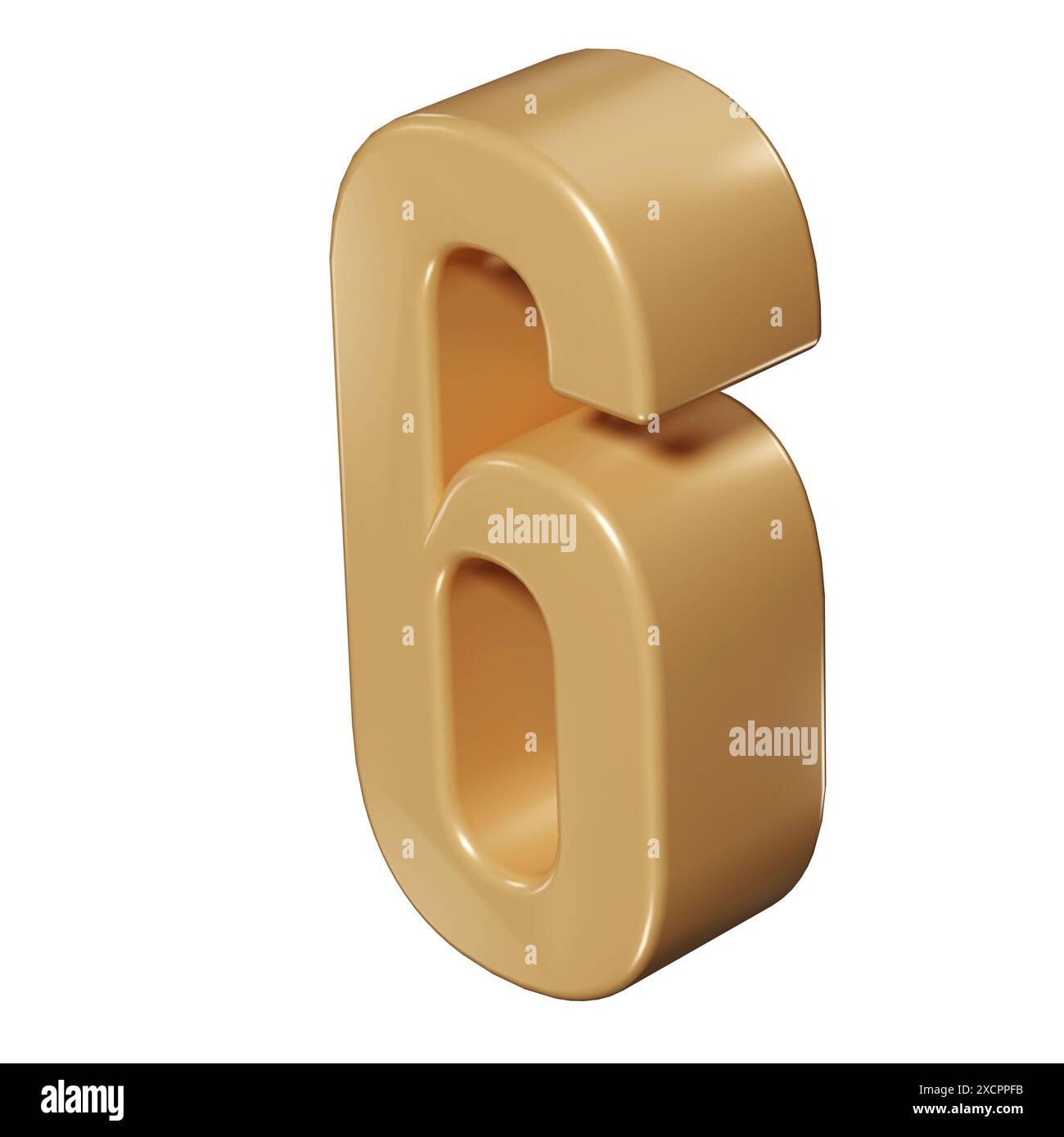 3D Zahl sechs 6 goldenes oder bronzefarbenes Typografiesymbol oder Zeichenvorlage, realistische Illustration. Goldene sechste Ziffer oder Zahl für die Nummerierung Stockfoto