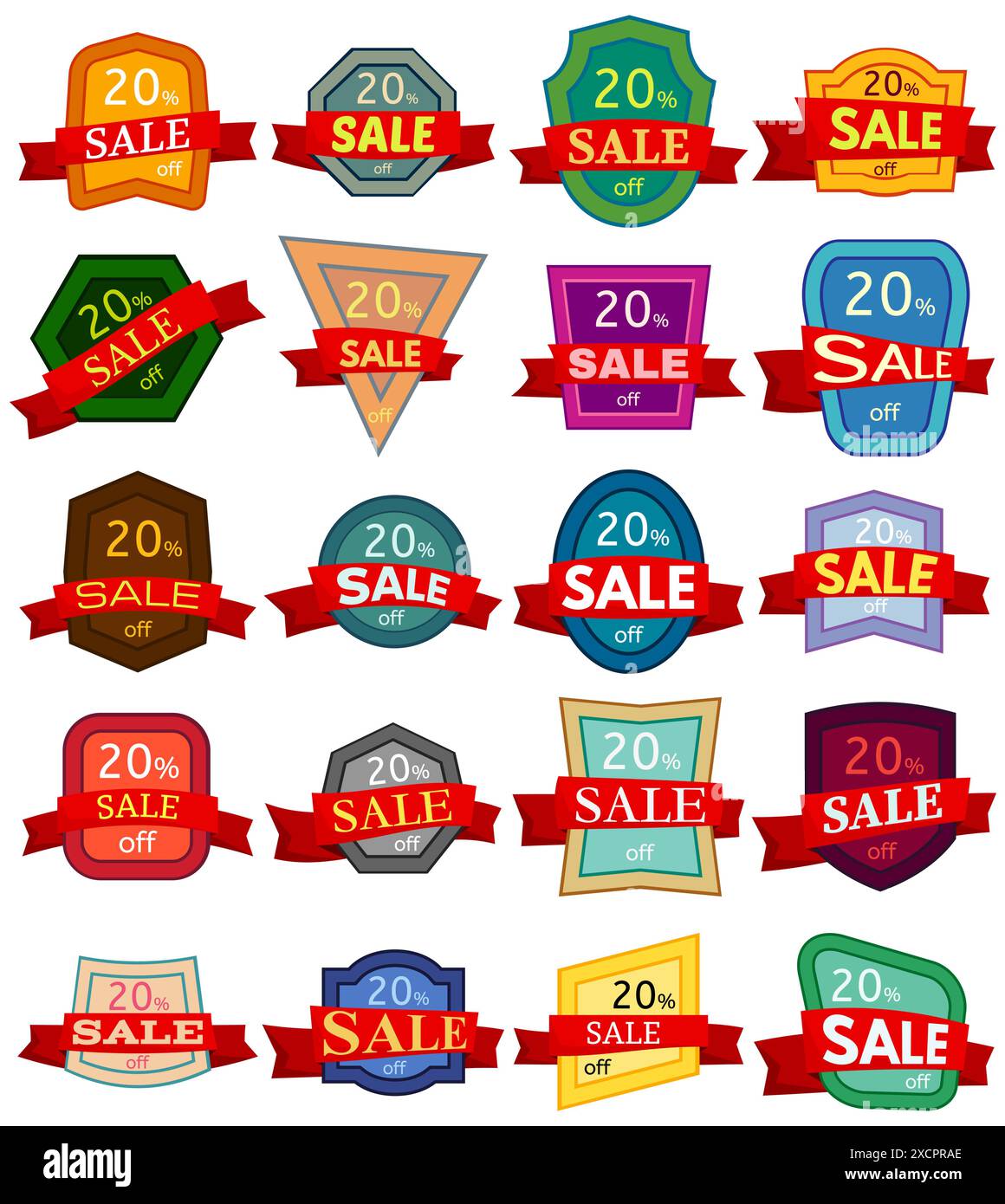 Set mit 20 Rabattaufklebern. Bunte Abzeichen mit rotem Band 20 % Rabatt zum Verkauf. Vektorabbildung. Stock Vektor