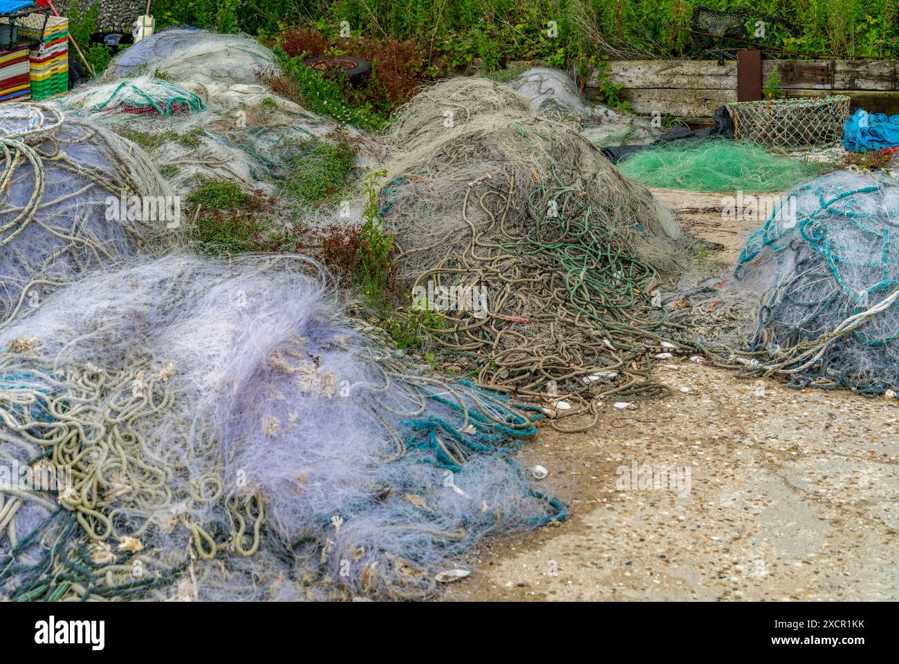 Viele Fischernetze in der Normandie in Nordfrankreich Stockfoto