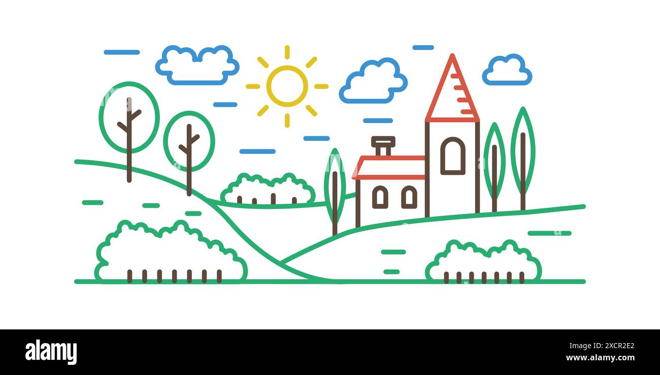 Ländliche Landschaft mit mittelalterlichem Turmbau von Burg oder Kirche und Bäumen, Linie Icon Vektor Illustration Stock Vektor Ländliche Landschaft mit mittelalterlichem Turmbau von Burg oder Kirche und Bäumen, Linie Icon Vektor Illustration Stock Vektor