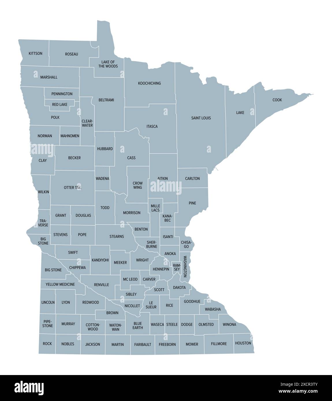 Minnesota County, graue politische Karte. Minnesota, ein Bundesstaat im oberen Mittleren Westen der Vereinigten Staaten, unterteilt in 87 Countys. Stockfoto