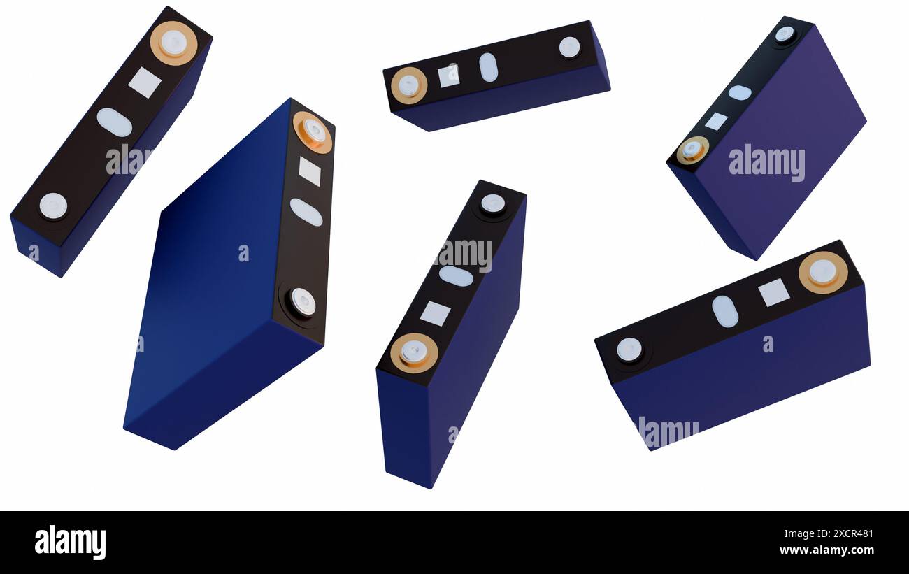 3D-Rendering von prismatischen Batterien, rechteckigen Lithium-Ionen-Phosphat-LFP-Batterien für Elektrofahrzeuge Stockfoto