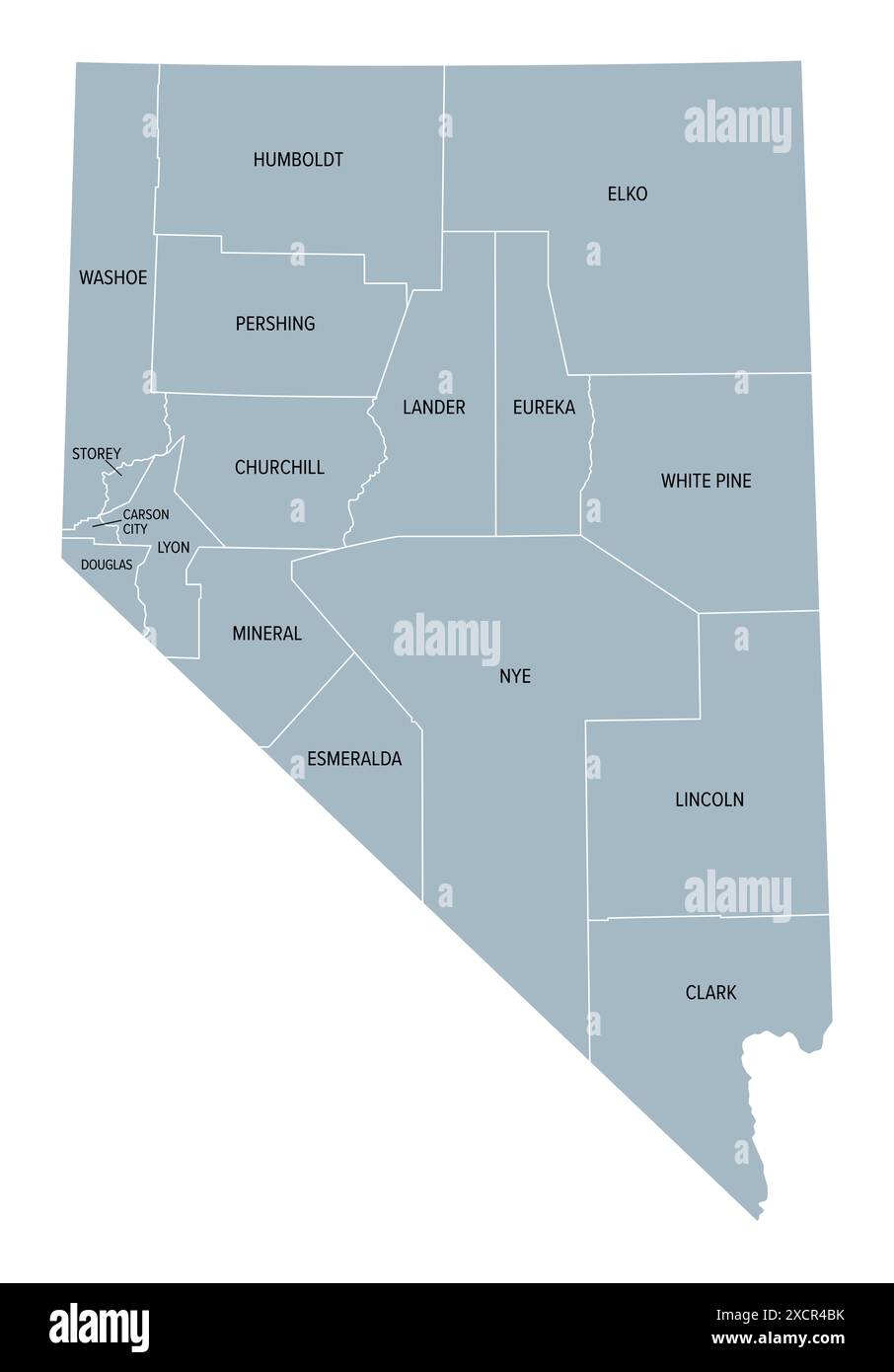 Nevada State Countys, graue politische Karte. Binnenstaat in der westlichen Region der Vereinigten Staaten. Stockfoto