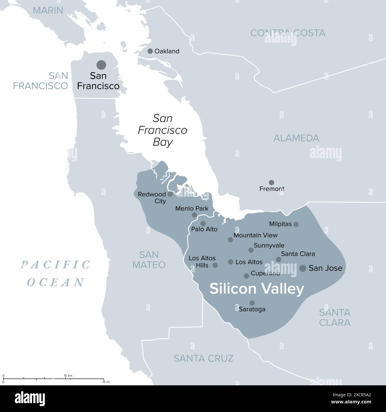 Silicon Valley, eine Region in Nordkalifornien, graue politische Karte. Globales Zentrum für Hochtechnologie und Innovation in den USA. Stockfoto