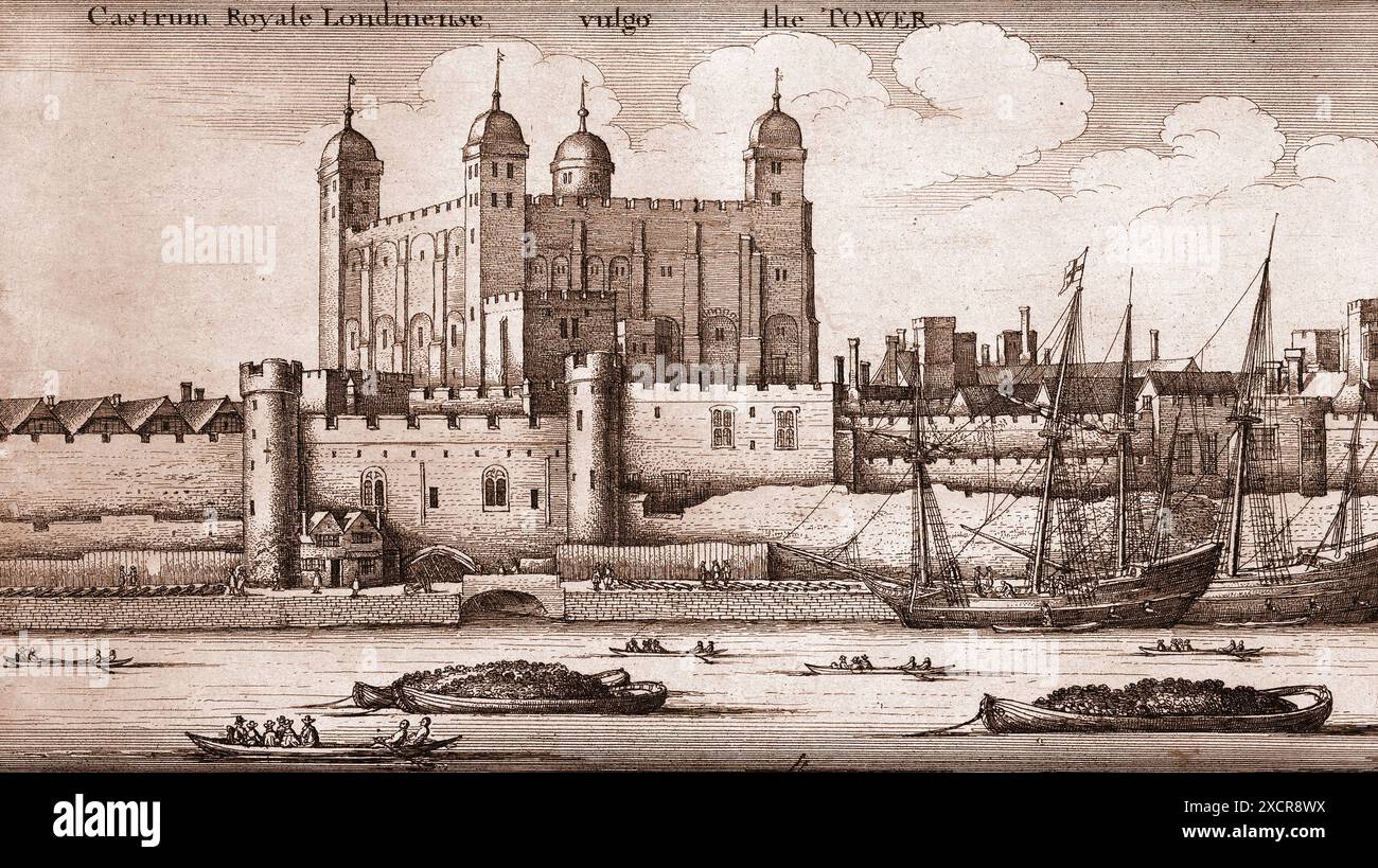 Blick auf den Tower of London von der Themse aus, mit Verrätertor davor. Ätzung von Wenceslaus Hollar (1607-1677), ca. Mitte des 17. Jahrhunderts. Stockfoto