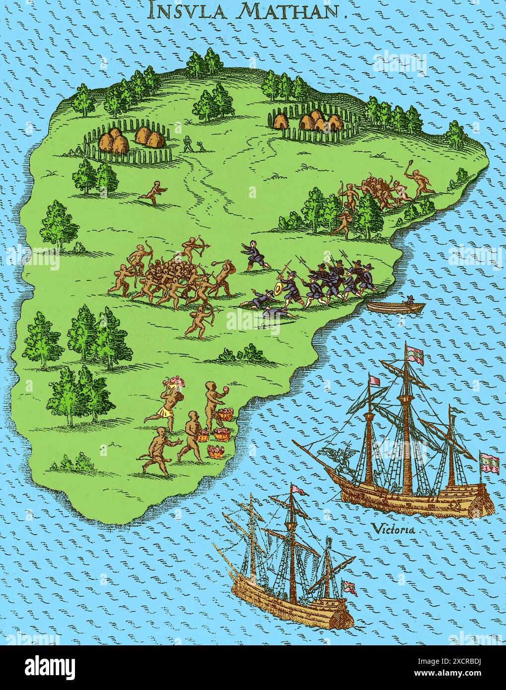 Illustration des Todes des portugiesischen Entdeckers Ferdinand Magellan (ca. 1480-1521). Magellan segelte am 27. April nach Mactan auf den Philippinen Stockfoto