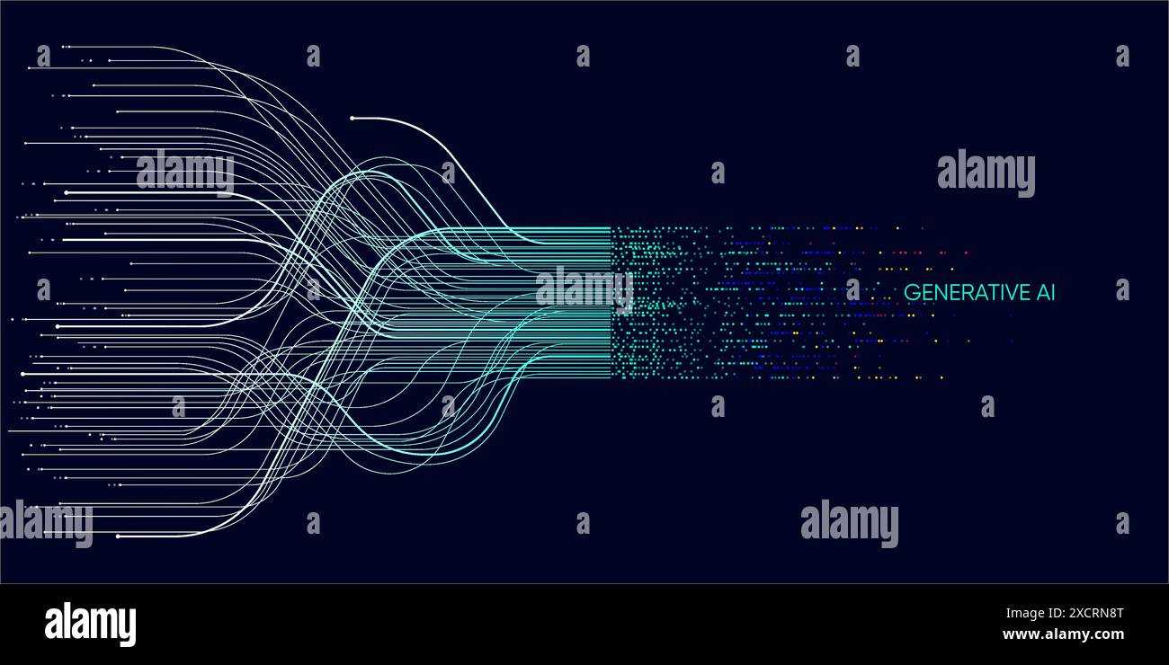 Abbildung des abstrakten Streams. Künstliche Intelligenz. Big Data, Technologie, KI, Datenübertragung, Datenfluss, großes Sprachmodell, generative KI, NLP Stock Vektor