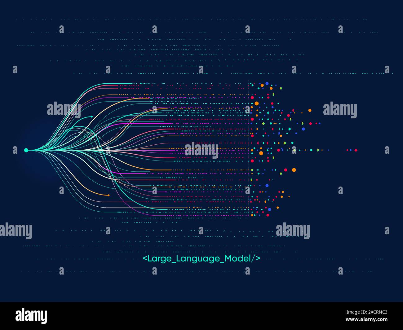 Abbildung des abstrakten Streams. Künstliche Intelligenz. Big Data, Technologie, Datenübertragung, Datenfluss, großes Sprachmodell, generative KI, natürlich Stock Vektor