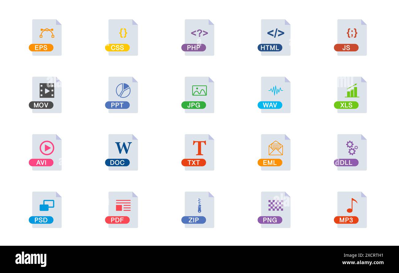 Dateityp-Symbole Festgelegt. Format und Erweiterung von Dokumenten. Symbol "Dateiformat". Vektorabbildung. Stock Vektor