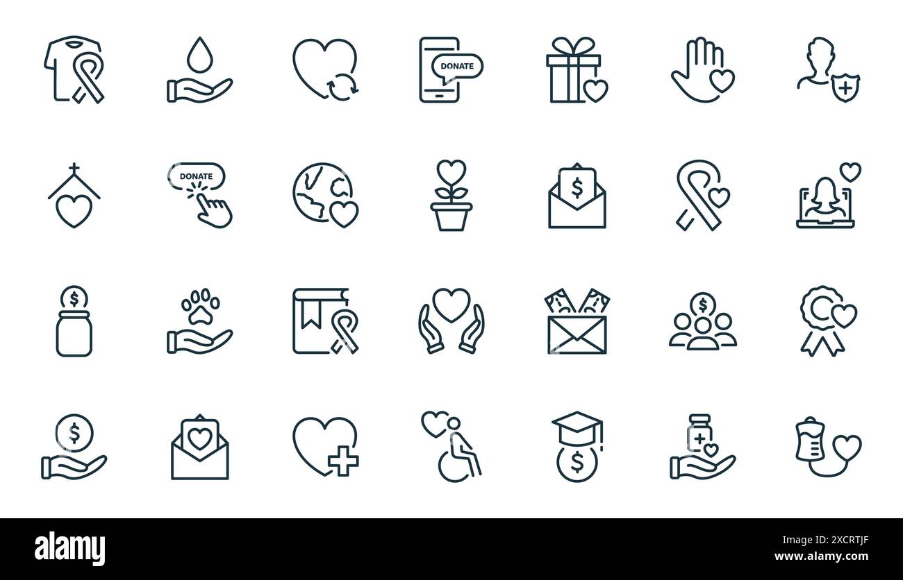 Lineare Symbole für Wohltätigkeitsorganisationen und Spenden. Freiwilligentätigkeit, Wohltätigkeit und Hilfekonzept. Hilfe geben, Geld spenden, Kleidung, Lebensmittel, Medikamente und Liebe für Stock Vektor