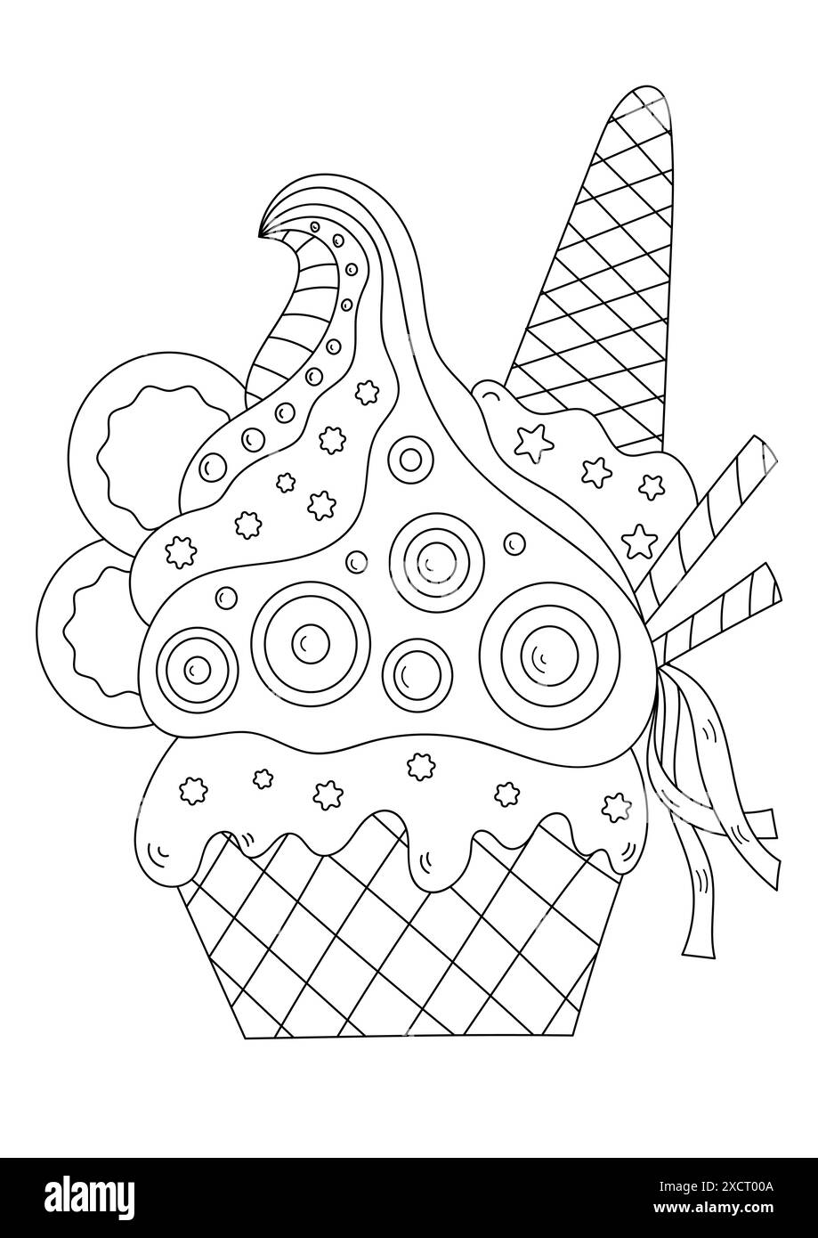 Ice Cream in A Cup with Decor ist Eine Malseite für Erwachsene und Kinder, die Ein stresslinderndes Malbuch bietet Stock Vektor