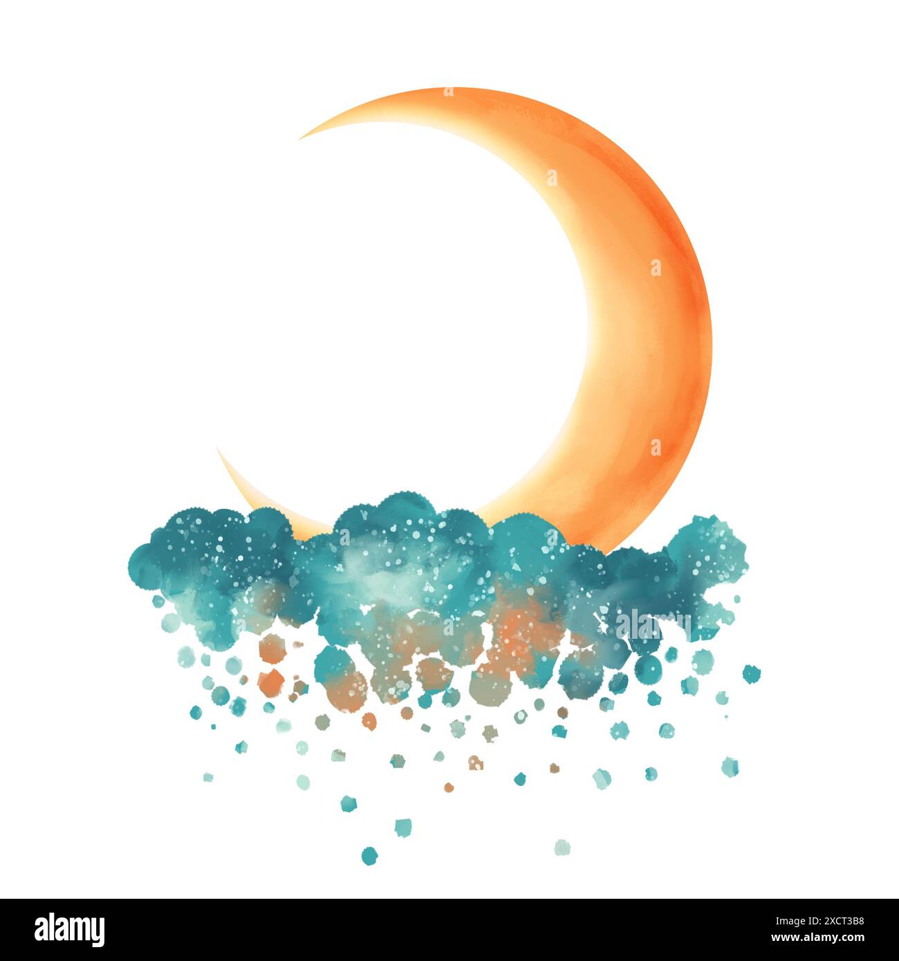 Illustration von Cartoon Mond und Wolke. Niedliche Illustration isoliert auf weiß Stockfoto