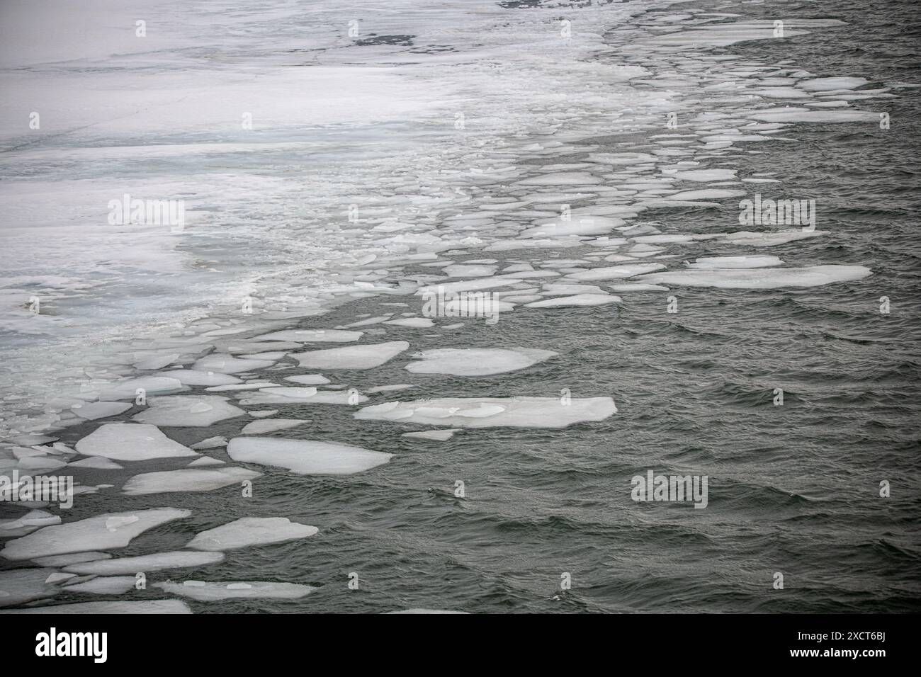 Teilweise gefrorener Fluss im Norden Kanadas mit großen Eisstücken, eisiger Fluss, der an der Oberfläche entlang der Ufer schwimmt, schmilzt im Frühjahr. Stockfoto