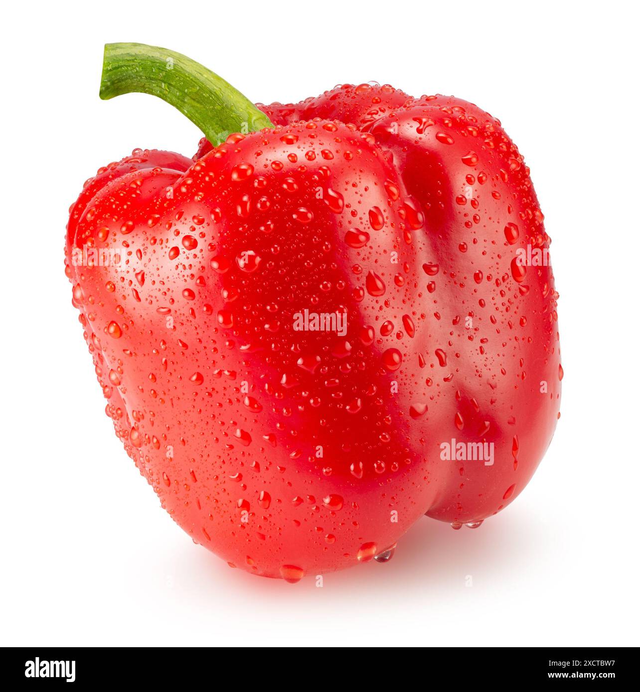 Rote Paprika mit Wassertropfen auf weißem Hintergrund. Beschneidungspfad. Stockfoto