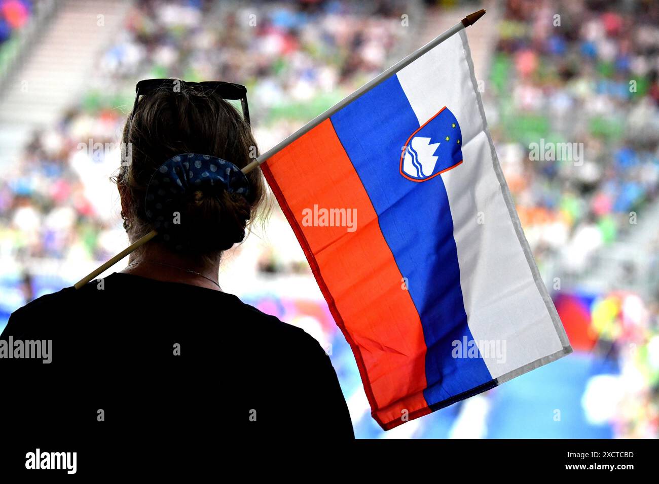 Ljubljana, Slowenien. Juni 2024. Ljubljana, Slowenien, 18. Juni 2024: Slowenischer Fan mit Nationalflagge beim FIVB Men's Volleyball Nations League Spiel zwischen Slowenien und Argentinien in der Arena Stozice, Ljubljana, Slowenien. (Natasa Kupljenik/SPP) Credit: SPP Sport Press Photo. /Alamy Live News Stockfoto