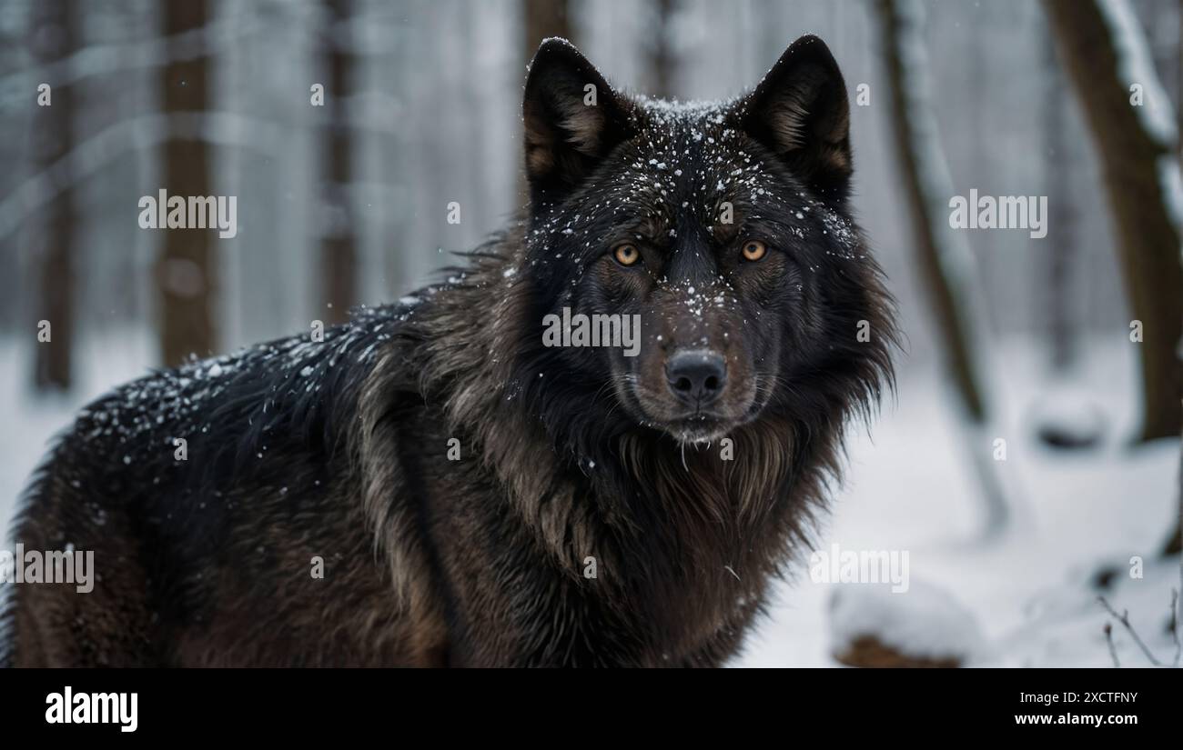 Schwarzer Wolf, der im Winter auf einem Waldweg steht. Stockfoto