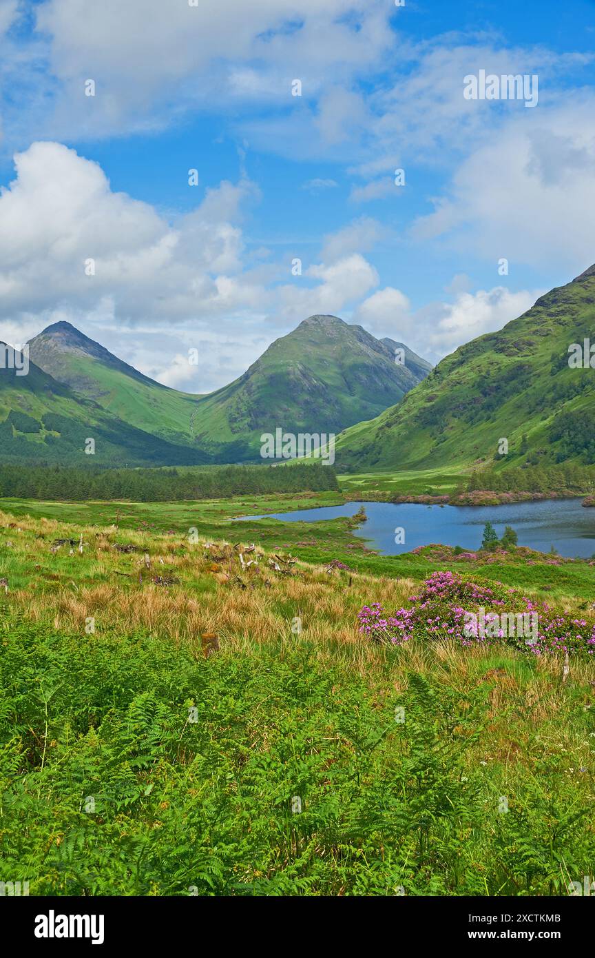 Buachaille Etive Mor und Buachaille Etive Beag mit Lochan URR in Glen Etive, Schottland Stockfoto