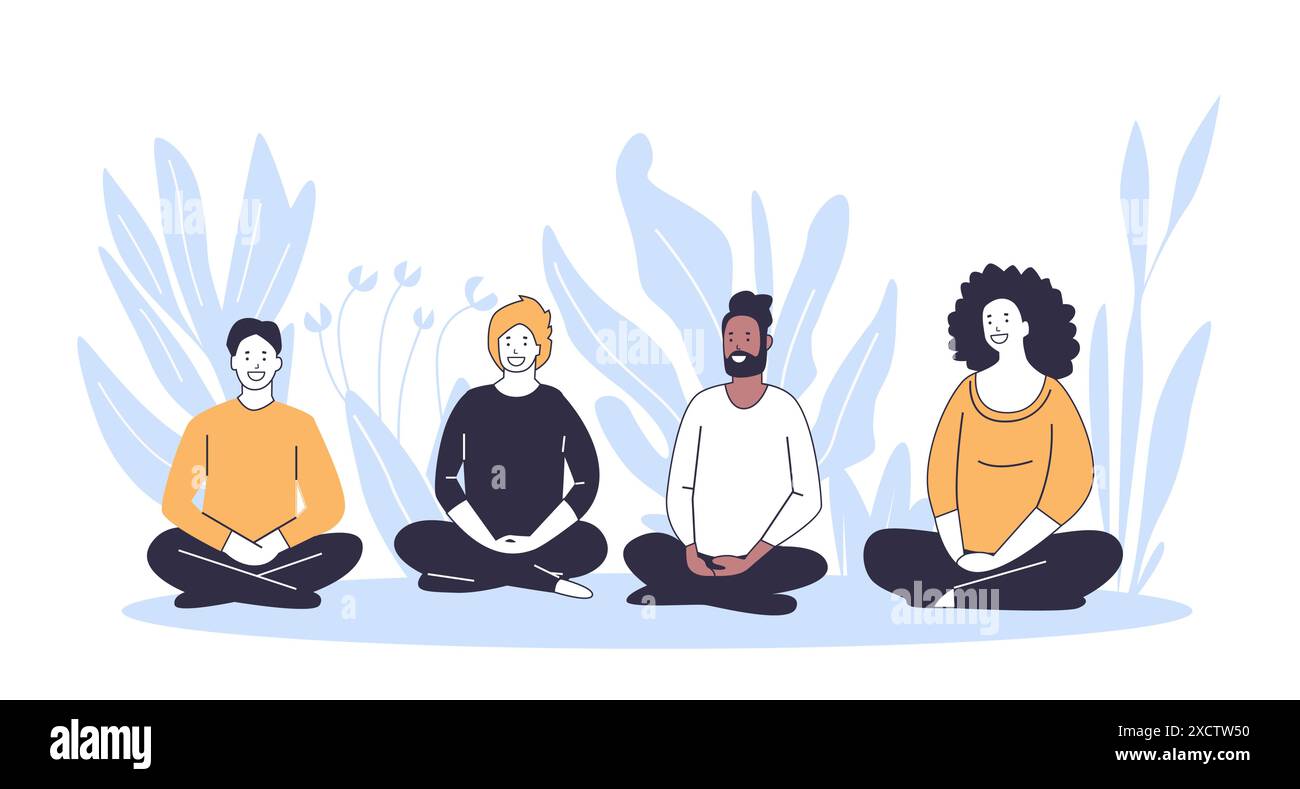 Gruppe von verschiedenen Menschen, die im Kreuz in einer entspannten Umgebung im Freien sitzen, mit abstrakten Pflanzen im Hintergrund Stock Vektor
