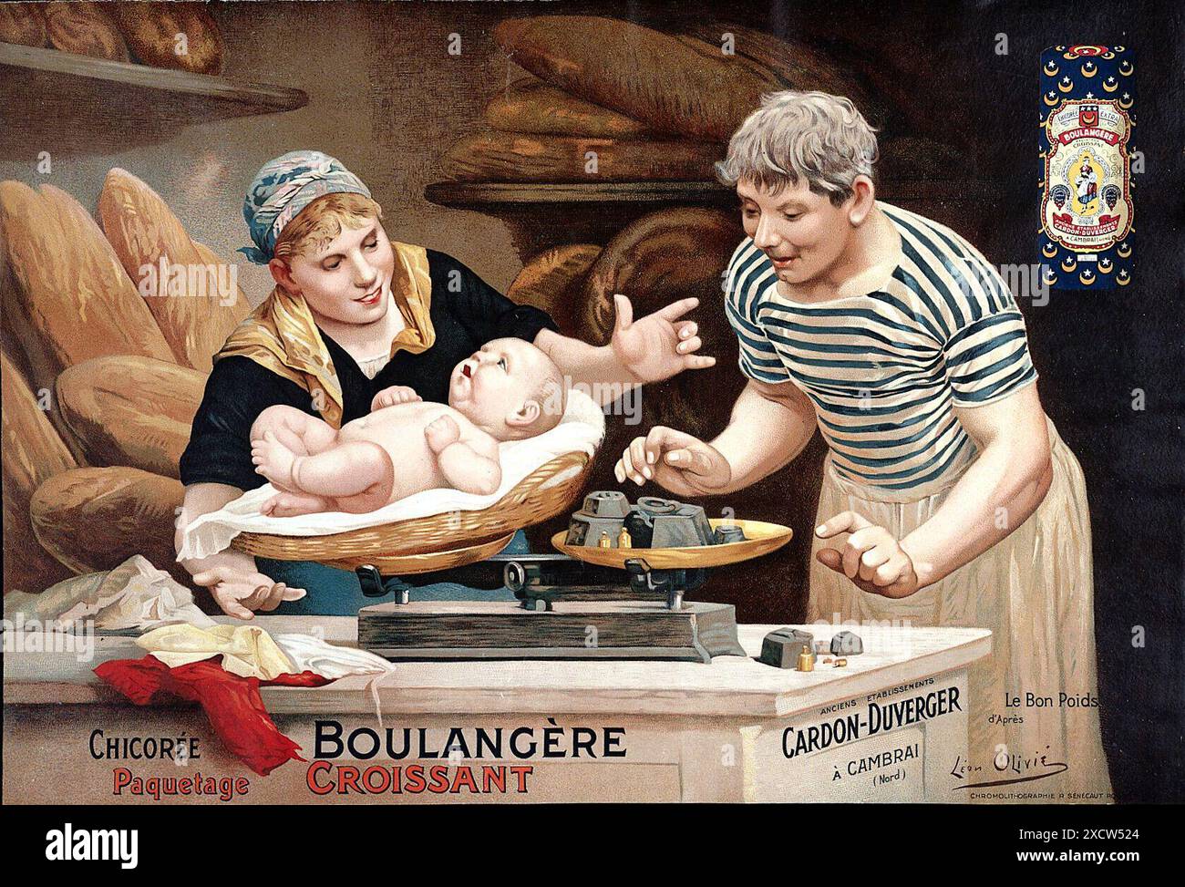 Eine Chromolithographie-Werbung aus der Zeit um 1890 zeigt eine Bäckerin, die ihr neugeborenes Baby sorgfältig auf einer Waage inmitten einer geschäftigen Bäckerei wägt. Die Szene ist erfüllt von der Wärme der Familie und dem Aroma von frisch gebackenem Brot, was die gesunden und nährenden Qualitäten des beworbenen Produkts unterstreicht. Stockfoto