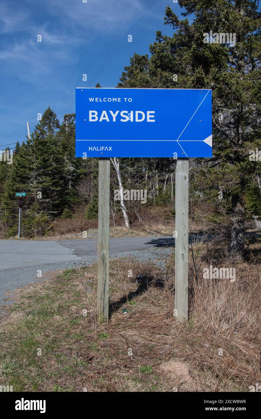 Willkommen im Bayside-Schild auf der Prospect Road in Nova Scotia, Kanada Stockfoto