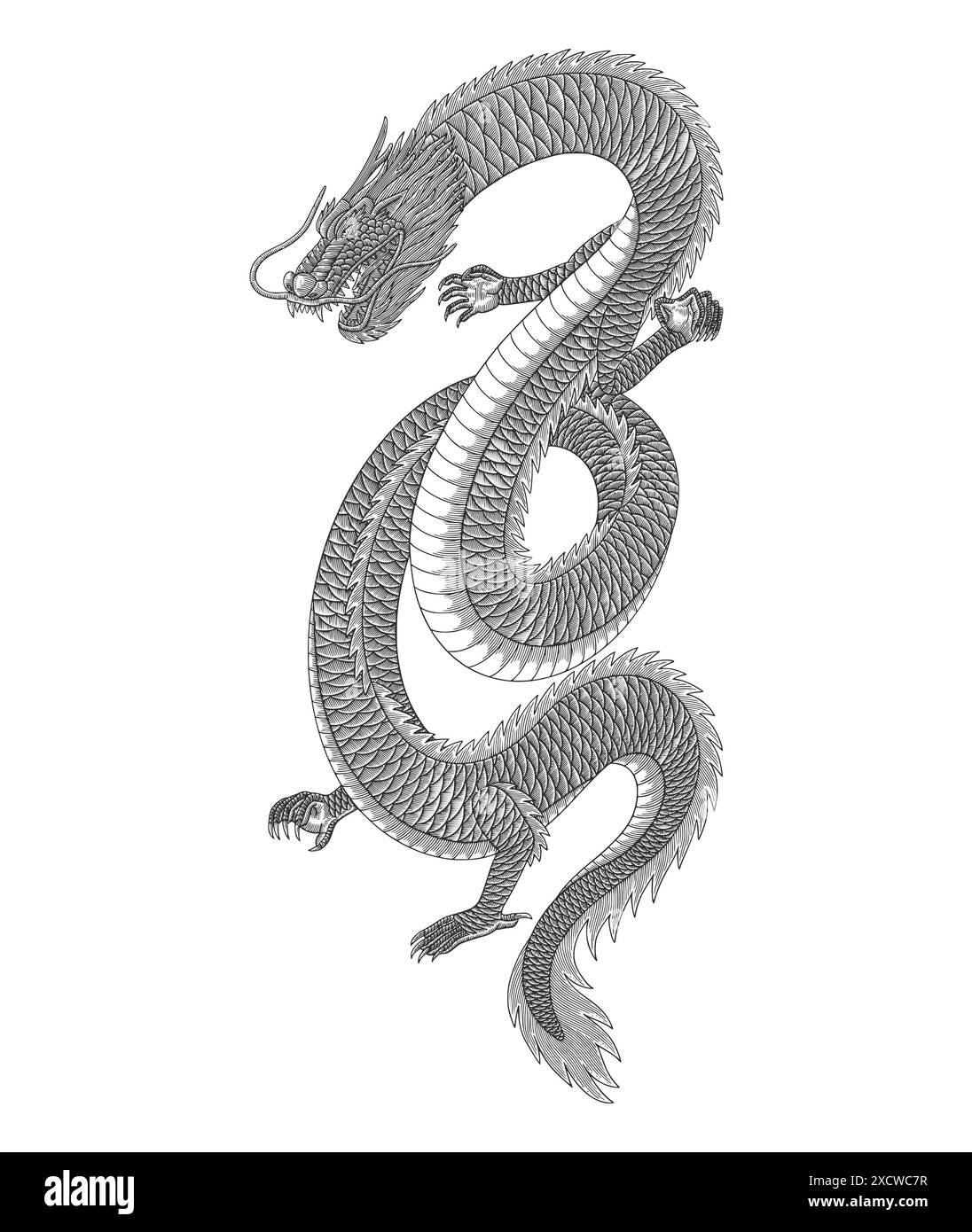 Japanischer Drachen Vektor Vintage Gravur Zeichnungsstil Illustration Stock Vektor