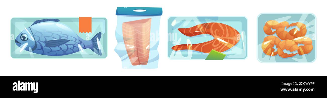 Gefrorene Meeresfrüchte auf Kunststofftablett, verpackt mit transparenter Polyethylen-Verpackung zur Aufbewahrung im Gefrierschrank oder Kühlschrank. Comic-Vektor ganzer Fisch, Steak und Filet, Garnelen im Schließer Klingfilmbehälter. Stock Vektor