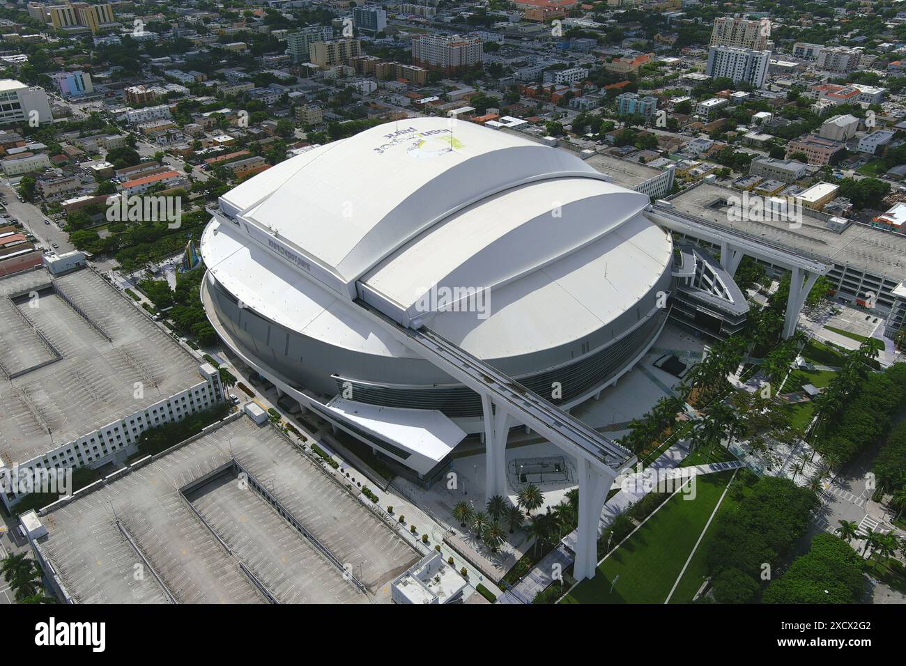 Eine allgemeine Gesamtansicht des LoanDepot Park, Freitag, 11. August 2023, in Miami. Stockfoto