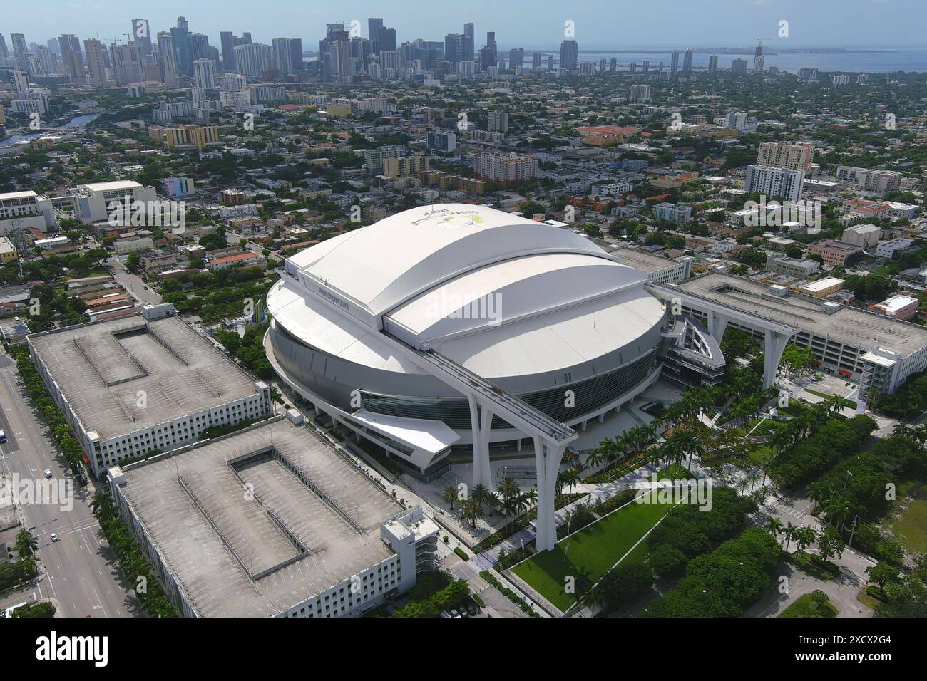 Eine allgemeine Gesamtansicht des LoanDepot Park, Freitag, 11. August 2023, in Miami. Stockfoto