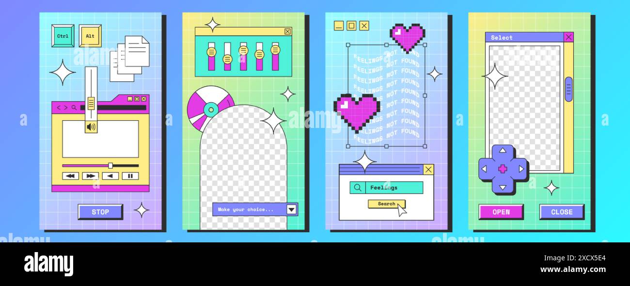 Y2K Vaporwave Poster in sozialen Medien mit Retro-Desktop-Computer-Schnittstelle mit Taste, Player und Frames. Story- oder Postvorlage mit alten pc-Bildschirmen mit Browserfenster, Pixelherz und Geek-Aufklebern Stock Vektor