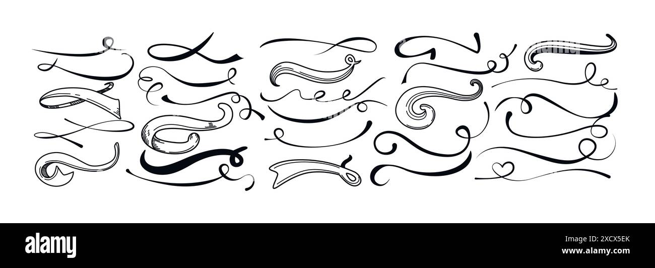 Handgezeichneter schwarzer Sportswash-Tail-Schriftzug, Text-Swoosh im Doodle-Retro-Stil. Verwirbelung unterstreichen dekorative Kalligraphie-Striche. Lockige Wischbewegungen, typografische Linie für Leichtathletik, Fußball auf weißem Hintergrund. Stock Vektor